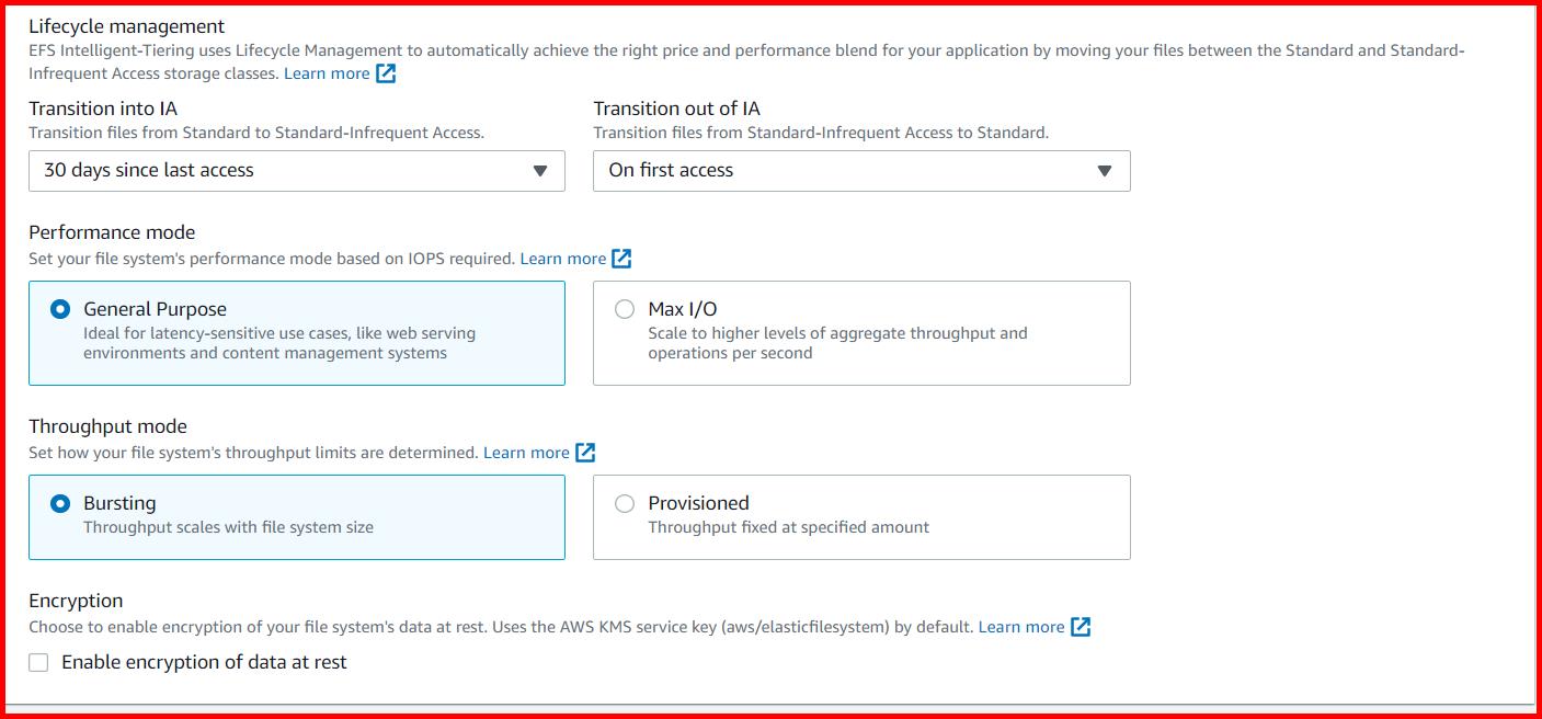 Picture showing the Lifecycle Management section of the File system settings tab while creating EFS